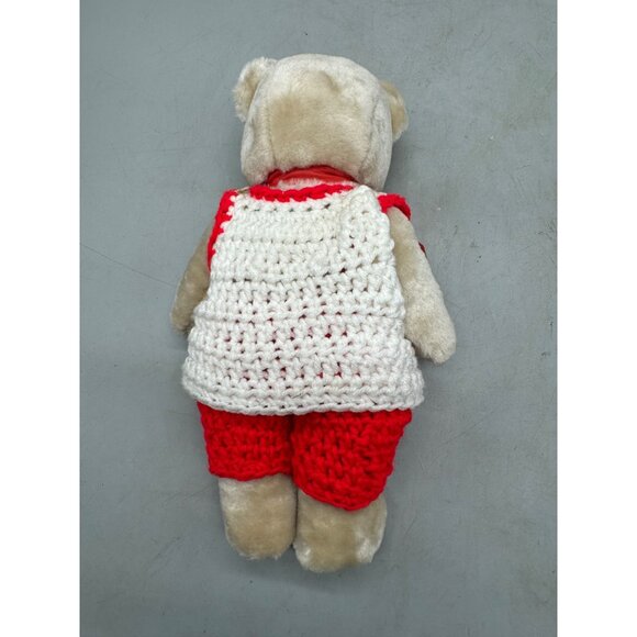 Vintage Plush Bear Handmade Red White Crochet Outfit Bow Soft Beige Fur Toy READ - Picture 5 of 7